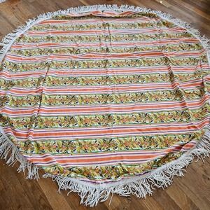 Vtg 70s Round Orange White Stripe Floral Fringe Boho Retro Tablecloth